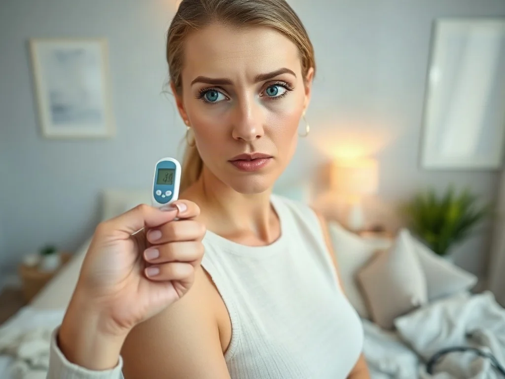 Kobieta z troską mierzy temperaturę ciała za pomocą termometru elektronicznego pod pachą w domowym zaciszu.