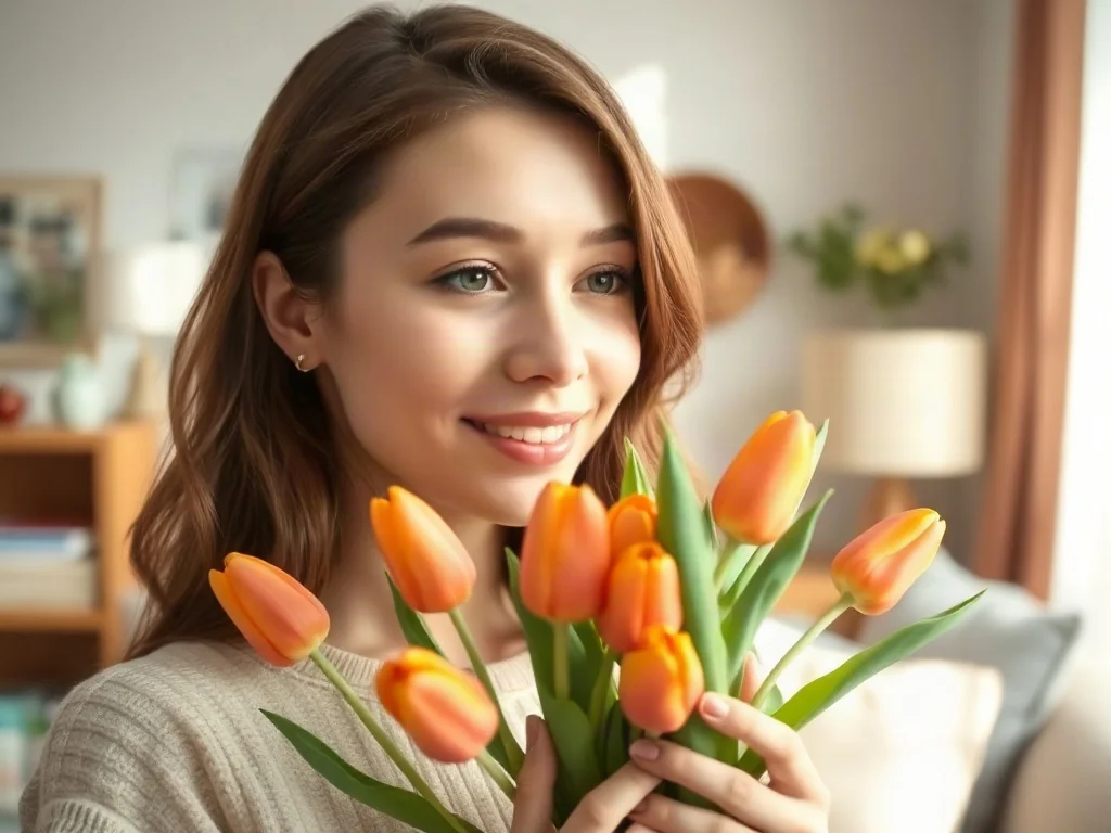 Kobieta z bukietem wiosennych tulipanów w przytulnym wnętrzu, symbolizująca radosną atmosferę Dnia Kobiet.