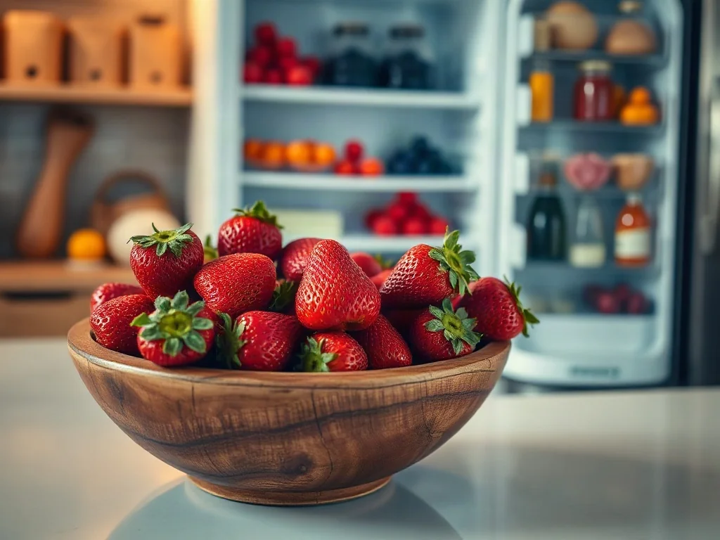 Świeże truskawki w drewnianej misce na blacie kuchennym, z widocznym w tle wnętrzem lodówki.